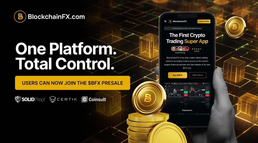 Crypto trading platform advertisement with coins