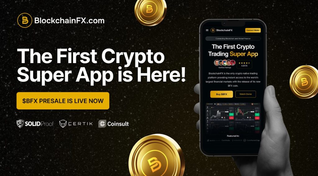 Crypto trading app announcement with coins