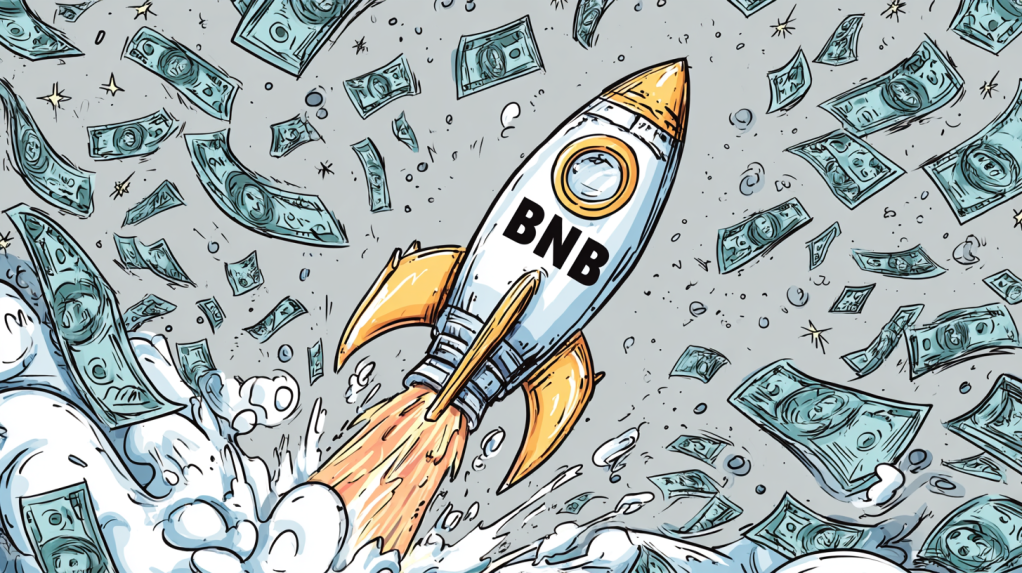 coincu A cartoon rocket shaped like a BNB coin blasting off int 14f04c90 17d2 4d1c 960f 2ac53661837f 1