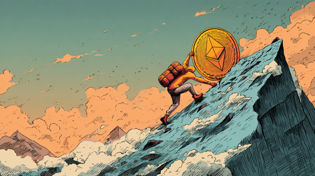 coincu An Ethereum coin climbing a steep mountain labeled 11.5K 62f4138e 2fcd 4819 b055 f89d67ede7ad 1