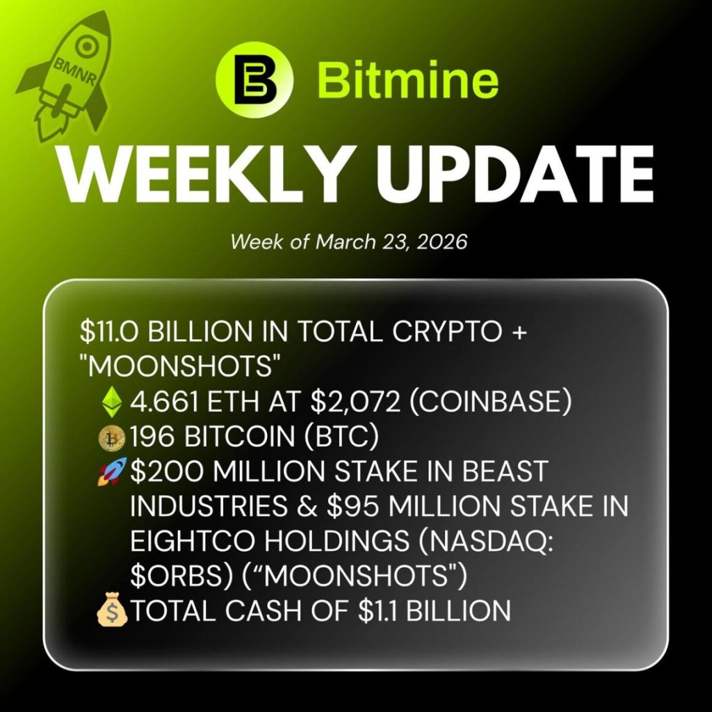 Bitmine Immersion Technologies (BMNR) Announces ETH Holdings Reach 4.661 Million Tokens, and Total Crypto and Total Cash Holdings of $11.0 Billion 1 Bitmine Immersion Technologies (BMNR) Announces ETH Holdings Reach 4.661 Million Tokens, and Total Crypto and Total Cash Holdings of $11.0 Billion