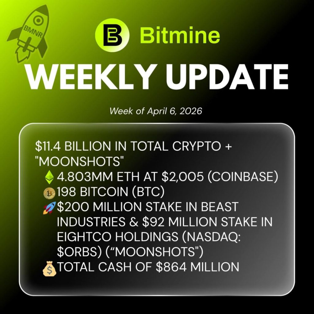Bitmine Immersion Technologies (BMNR) Announces ETH Holdings Reach 4.803 Million Tokens, and Total Crypto and Total Cash Holdings of $11.4 Billion 1 Bitmine Immersion Technologies (BMNR) Announces ETH Holdings Reach 4.803 Million Tokens, and Total Crypto and Total Cash Holdings of $11.4 Billion