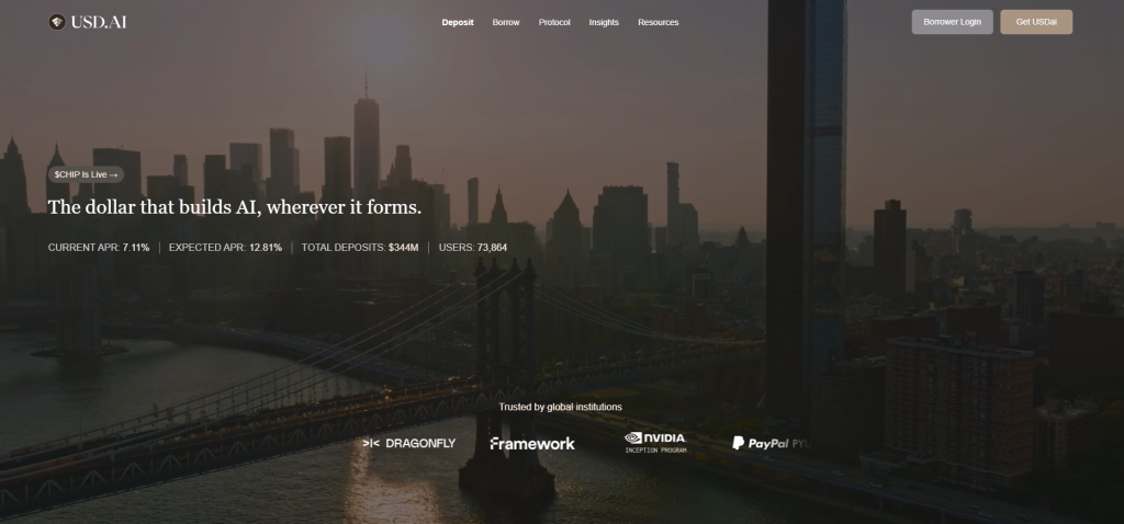 What Is USD.AI (CHIP)? How the AI-Credit Protocol Works 3 Homepage capture from USD.AI Official Website