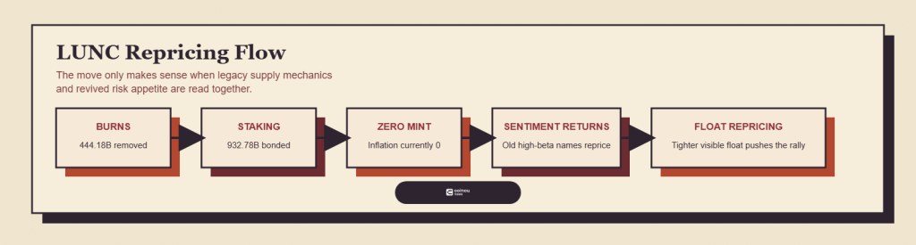 Why Is Terra Classic (LUNC) Pumping Today? 5 A flow diagram showing how burns, staking, zero inflation, and improving sentiment combined into a sharper LUNC repricing.