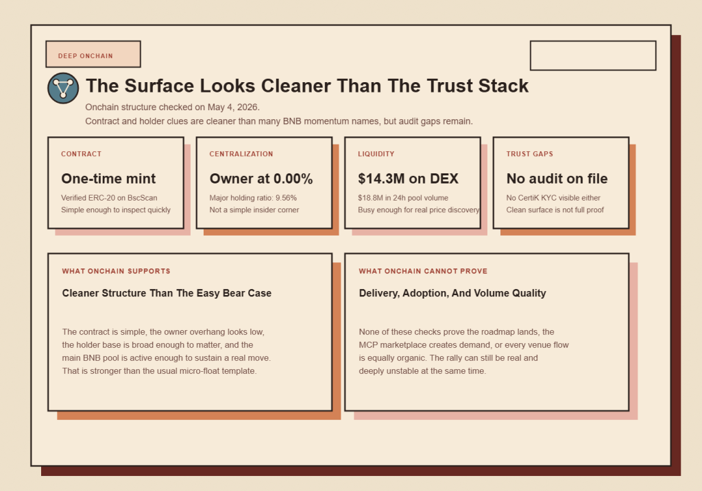 Deep on-chain structure for SKYAI, highlighting the cleaner contract surface, broader holder spread, and still-important trust gaps.