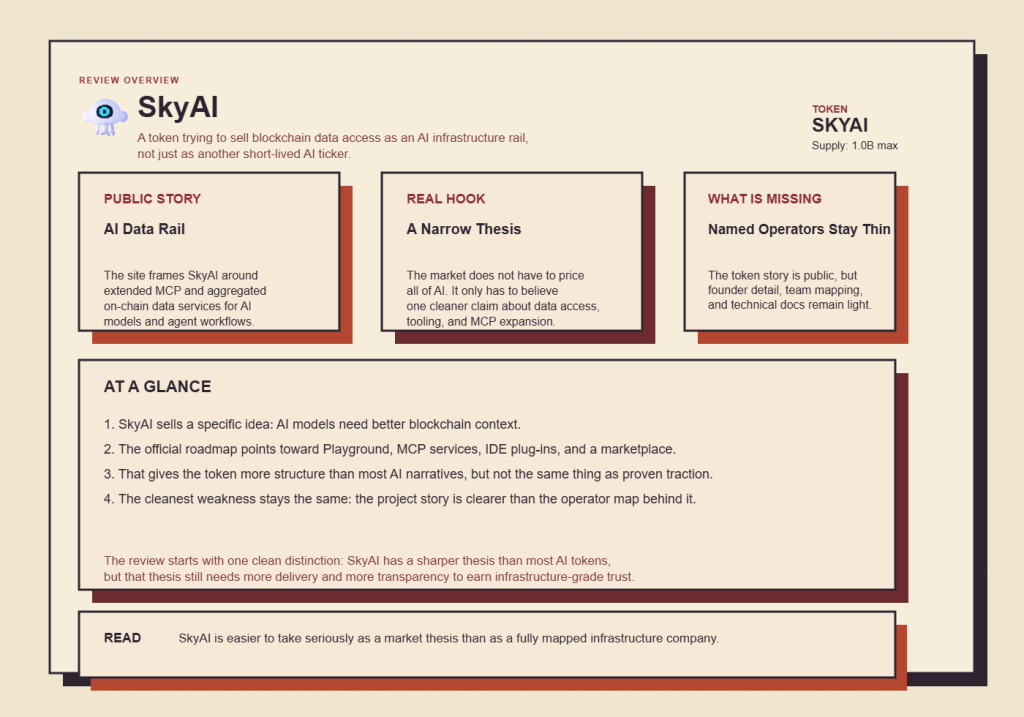 SkyAI (SKYAI) Review 2026: MCP Data-Rail Thesis, Market Structure, and the Real Risks 2 SkyAI is easiest to understand as an AI-to-blockchain data-access story built around MCP language, multi-chain datasets, and future developer tooling.