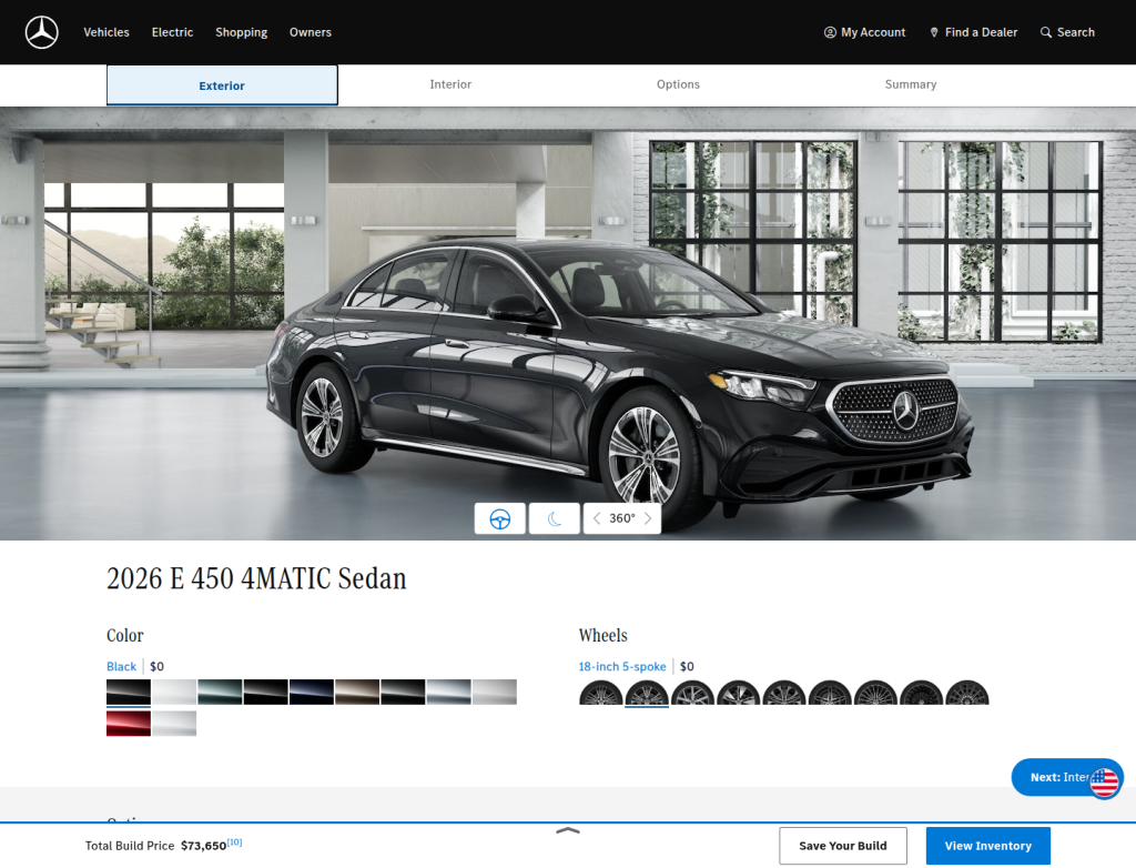 What 1 Bitcoin Can Buy in 2026: 10 Luxury Cars Compared 4 Official Mercedes-Benz E-Class product-page screenshot checked on May 6, 2026, showing one of the strongest premium-sedan fits still available within a 1 BTC budget at starting MSRP.