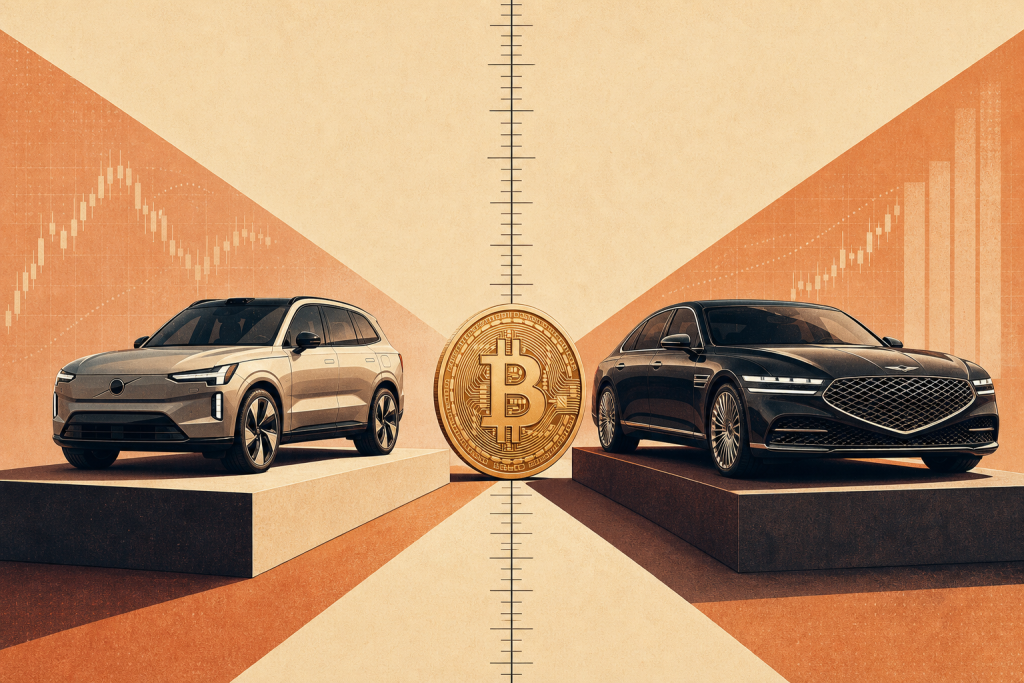 What 1 Bitcoin Can Buy in 2026: 10 Luxury Cars Compared 5 Threshold visual showing where the article’s practical 1 BTC cutoff starts to break, with the Volvo EX90 Plus still inside range and the Genesis G90 already beyond it.