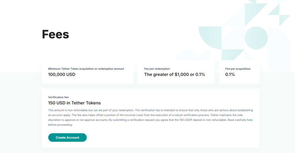 Official Tether fees page capture showing acquisition and redemption terms