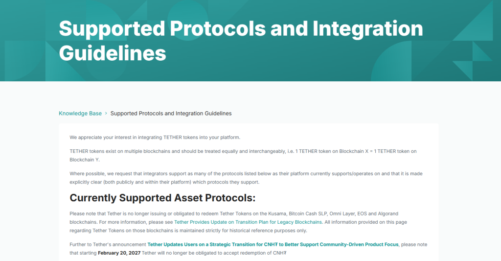 Official Tether supported protocols page capture