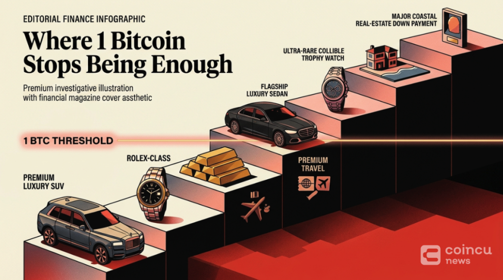 Threshold graphic showing how 1 BTC still clears many premium benchmarks, starts to strain at median-property entry, and misses trophy-tier assets by a wide margin.