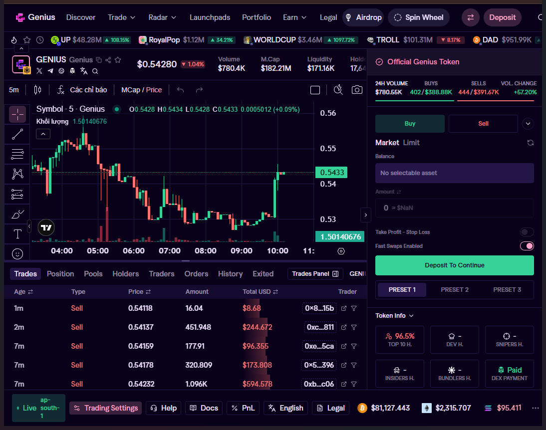 TradeGenius GENIUS token route with mixed-language chart UI