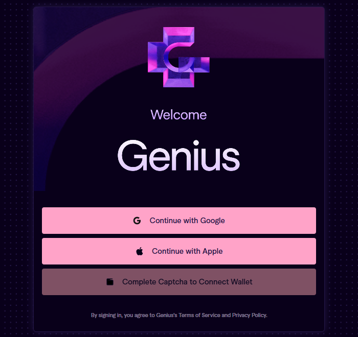 TradeGenius sign-in modal with Google, Apple, and wallet options