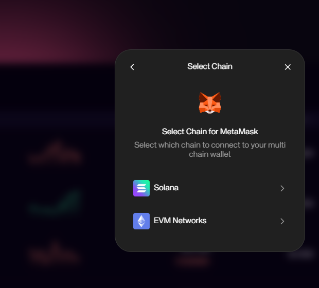 TradeGenius wallet handoff requiring chain selection before MetaMask connection