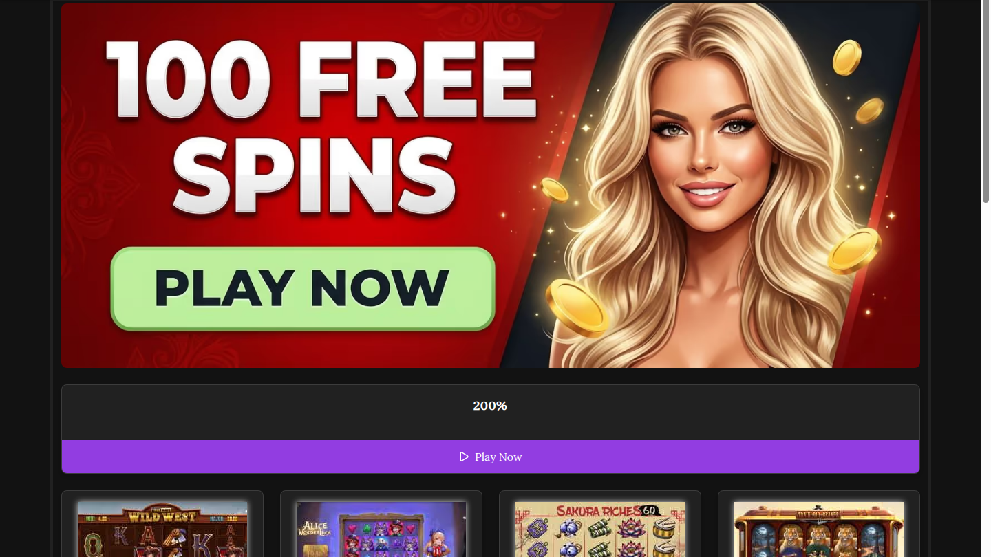 Sweet Sweeps homepage hero with 100 free spins and Play Now banner captured during public-page review