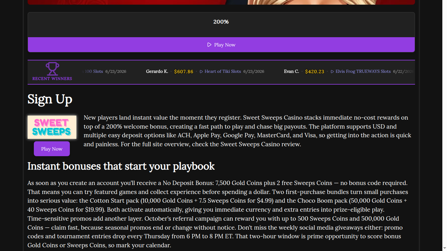 Sweet Sweeps sign-up section showing bonus and payment language captured during public-page review