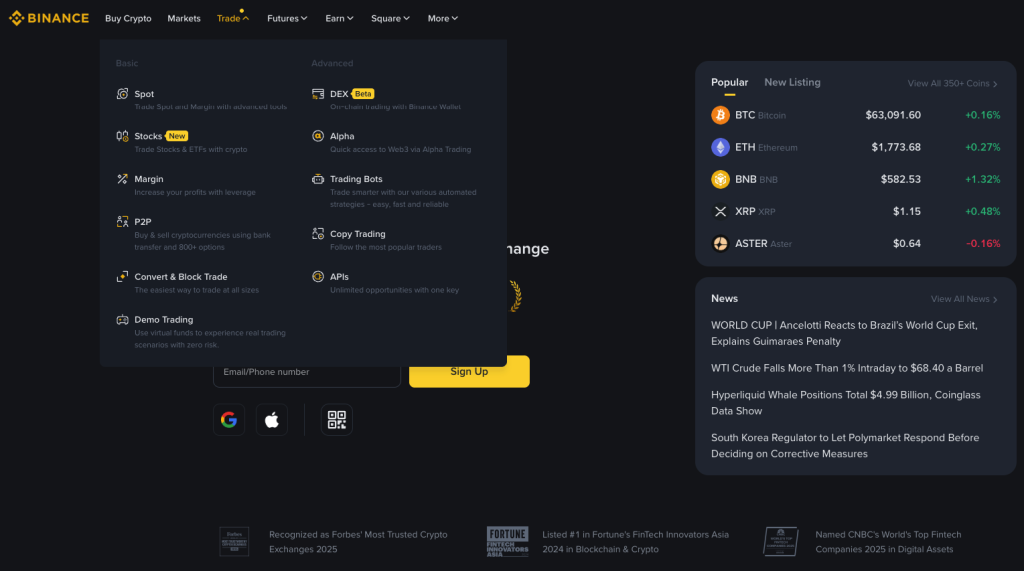 Binance Homepage capture