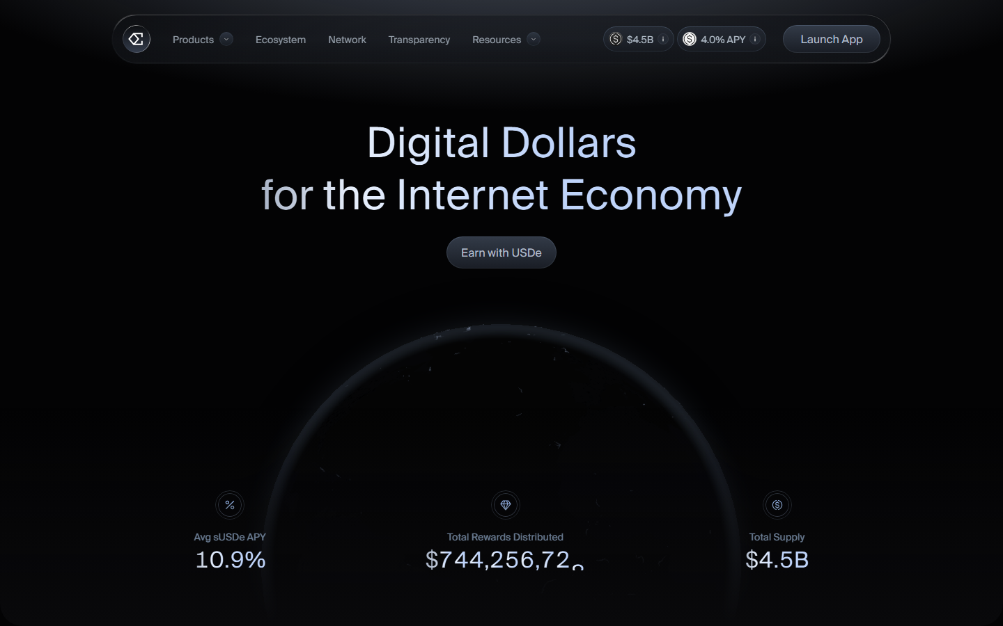 Ethena protocol homepage showing USDe synthetic dollar product and sUSDe yield structure