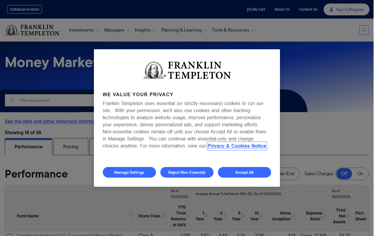 Franklin Templeton OnChain US Government Money Fund FOBXX product page on Franklin Templeton website