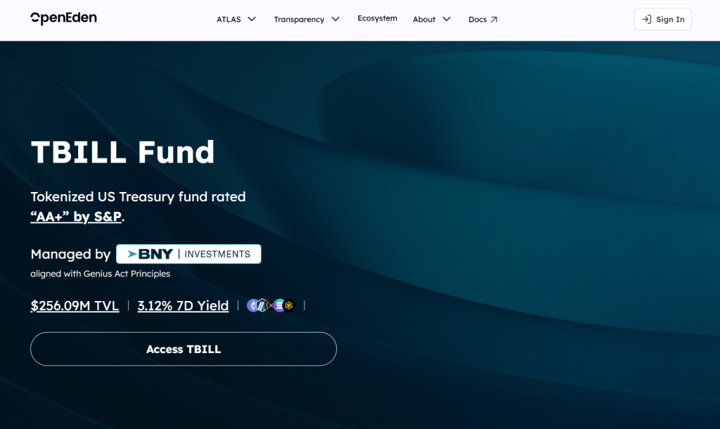 OpenEden TBILL product page showing BVI-regulated tokenized Treasury with BNY Mellon custody and AA+ S&P rating