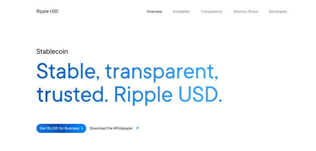 Ripple RLUSD product page showing payments-focused stablecoin framing and XRP Ledger integration