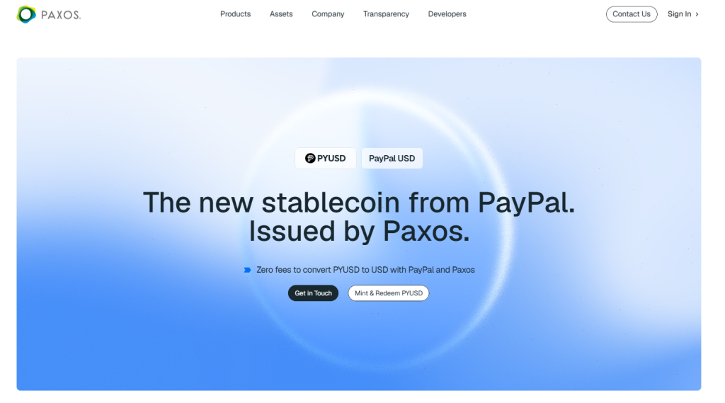 Paxos stablecoins product page showing regulated infrastructure and USDP/PYUSD framing