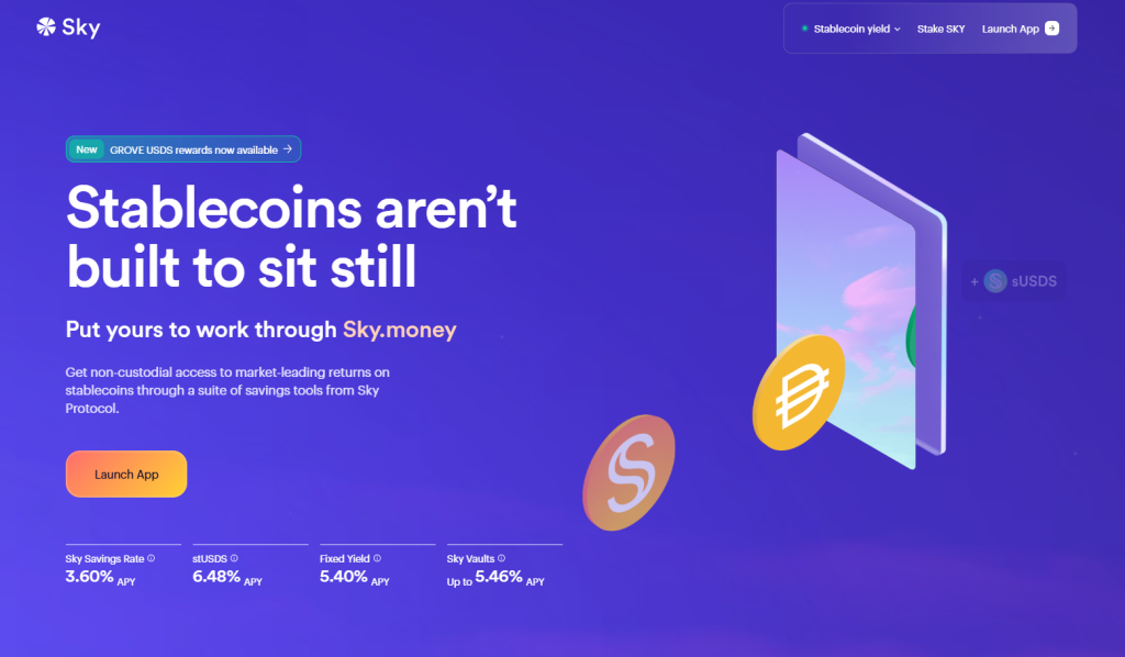 Sky money product page showing protocol-governed stablecoin design
