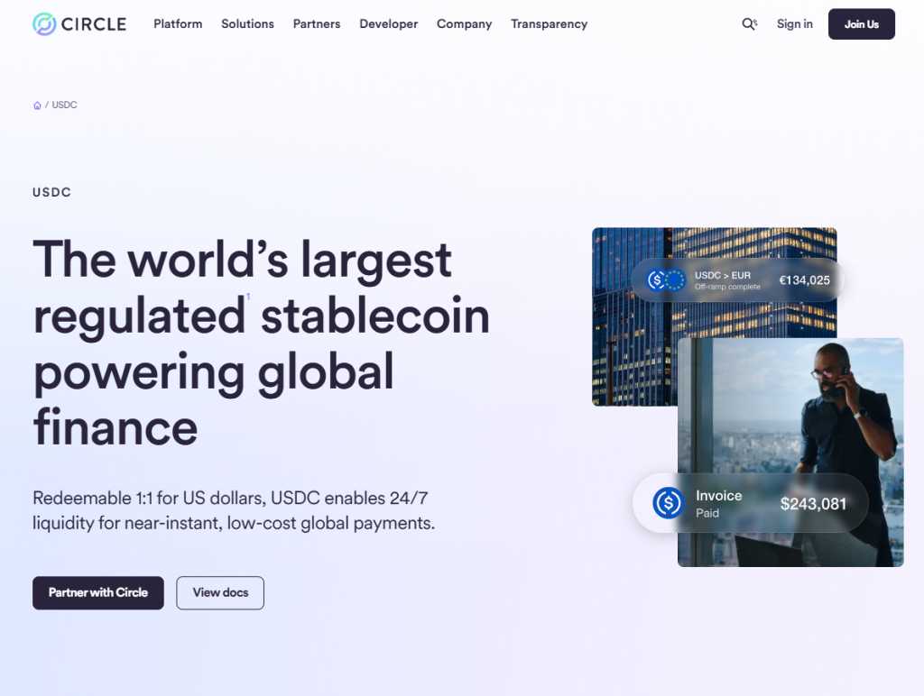 Circle USDC product page showing positioning and reserve-related information