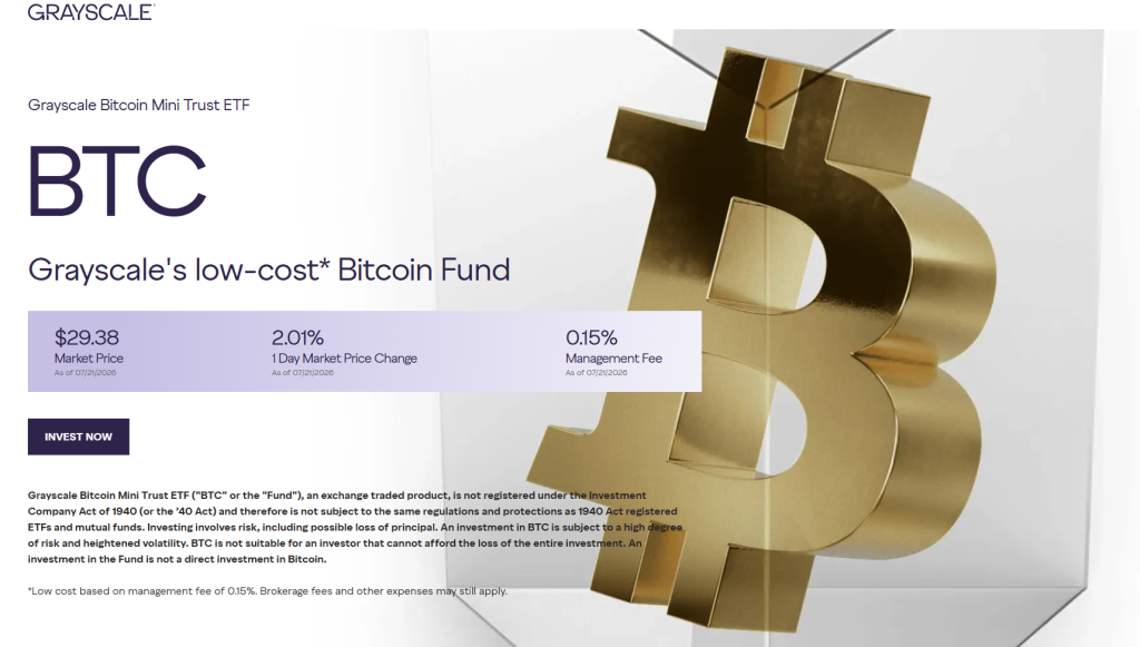 Grayscale Bitcoin Trust ETF product page showing legacy fund structure and Bitcoin exposure framing