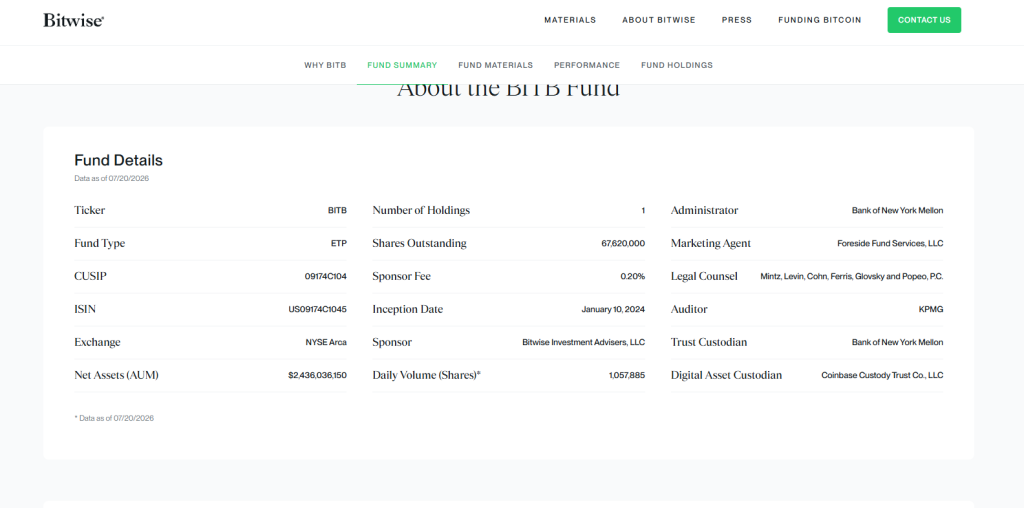 Bitwise Bitcoin ETF product page showing crypto-specialist issuer framing and fee structure