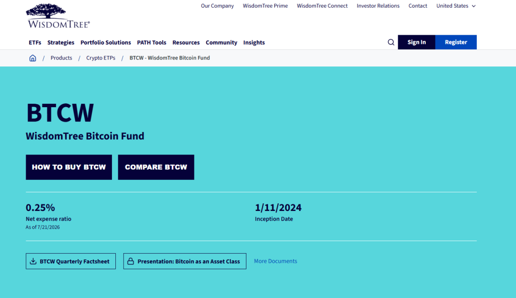 WisdomTree Bitcoin Fund product page showing ETF-specialist issuer positioning and fund structure