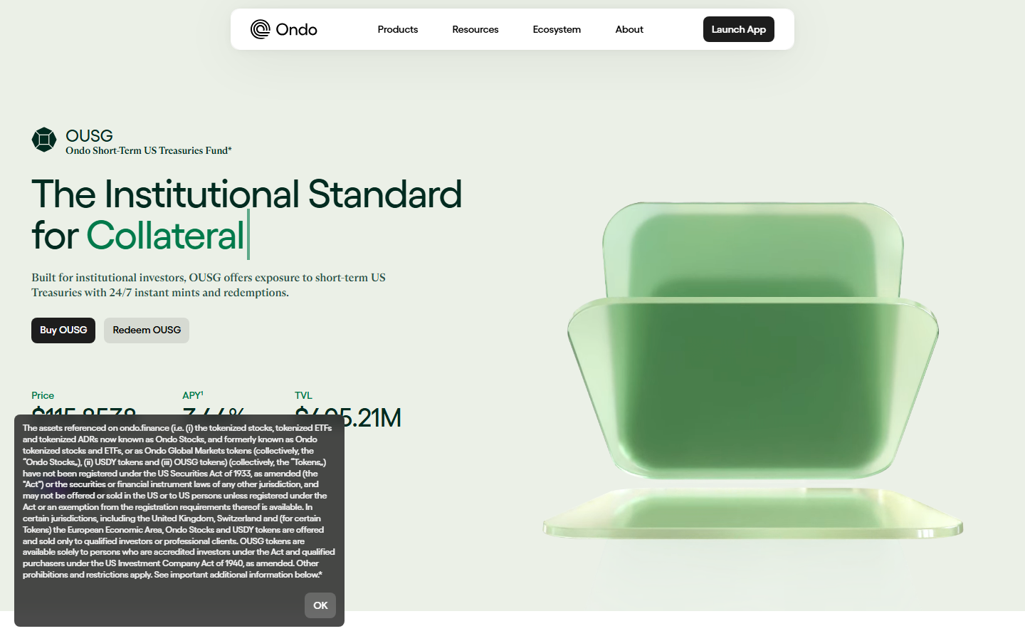 Ondo OUSG product page showing tokenized Treasury access model and onchain distribution framing